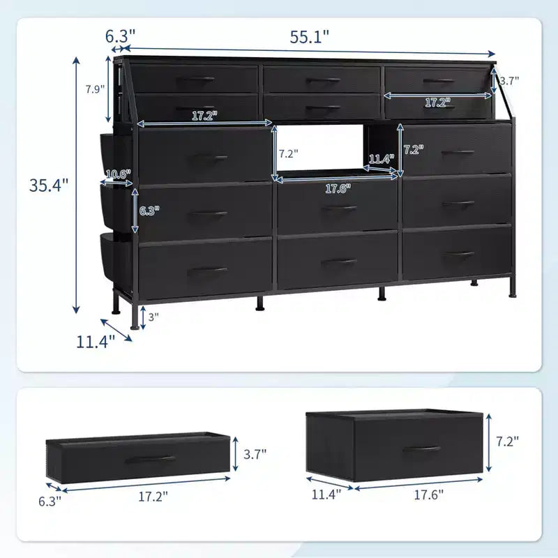 Commode TV avec 14 tiroirs en tissu, commode de chambre avec cadre en métal et dessus en bois, étagères ouvertes pour chambre, salon, placard