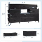 Commode TV avec 14 tiroirs en tissu, commode de chambre avec cadre en métal et dessus en bois, étagères ouvertes pour chambre, salon, placard