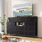 Commode TV avec 14 tiroirs en tissu, commode de chambre avec cadre en métal et dessus en bois, étagères ouvertes pour chambre, salon, placard