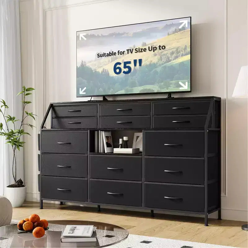 Commode TV avec 14 tiroirs en tissu, commode de chambre avec cadre en métal et dessus en bois, étagères ouvertes pour chambre, salon, placard