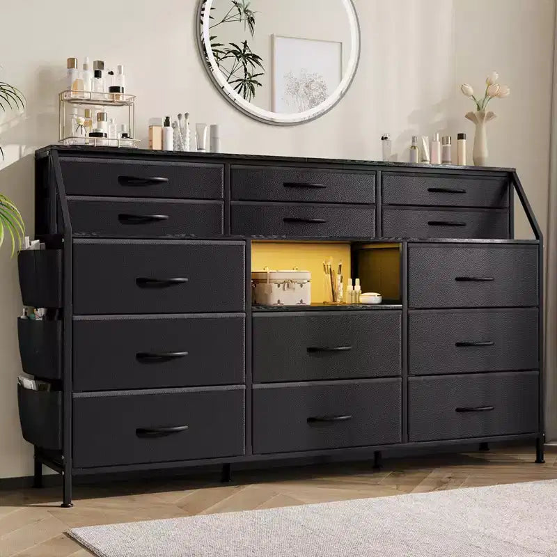 Commode TV avec 14 tiroirs en tissu, commode de chambre avec cadre en métal et dessus en bois, étagères ouvertes pour chambre, salon, placard