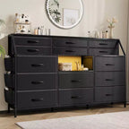 Commode TV avec 14 tiroirs en tissu, commode de chambre avec cadre en métal et dessus en bois, étagères ouvertes pour chambre, salon, placard