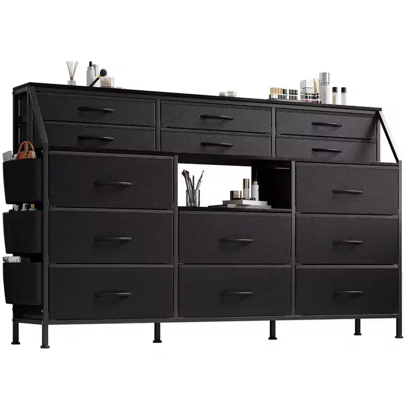 Dresser TV Stand with 14 Fabric Drawers, Bedroom Dresser with Metal Frame and Wood Top Open Shelves for Bedroom for Living Room, Bedroom, Closet