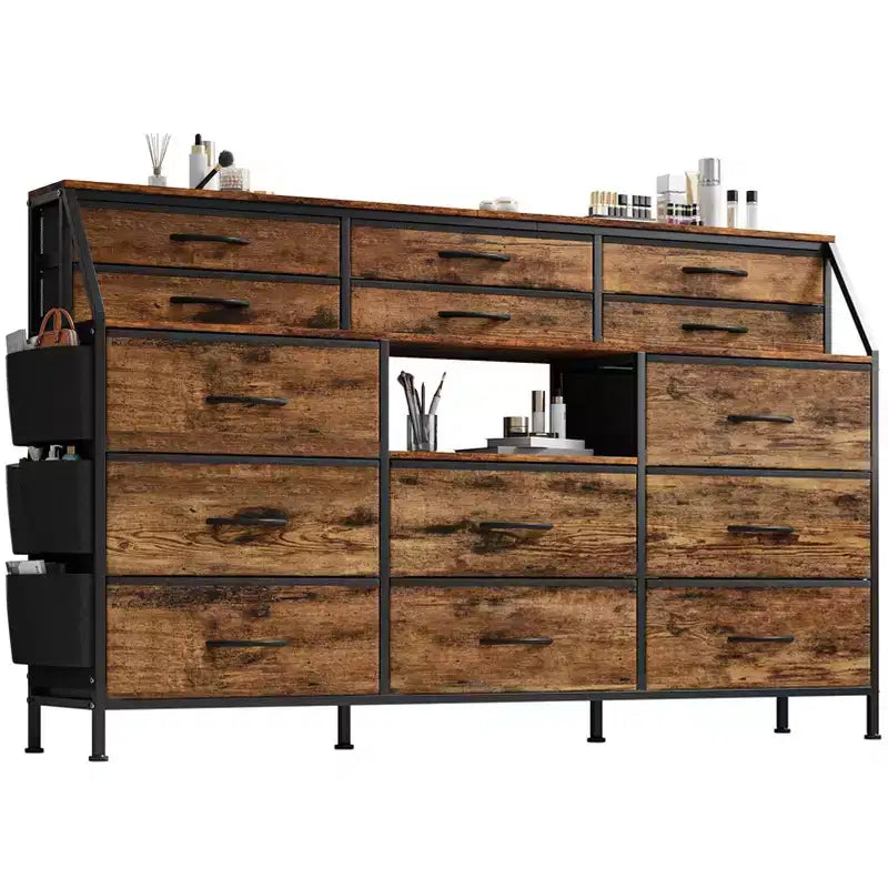 Commode TV avec 14 tiroirs en tissu, commode de chambre avec cadre en métal et dessus en bois, étagères ouvertes pour chambre, salon, placard