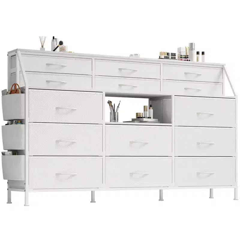 Commode TV avec 14 tiroirs en tissu, commode de chambre avec cadre en métal et dessus en bois, étagères ouvertes pour chambre, salon, placard