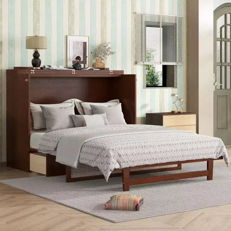 MAYEERTY Lit escamotable queen size, lit armoire en bois de pin avec décoration en rotin et tiroir de rangement Noyer