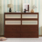 MAYEERTY Lit escamotable queen size, lit armoire en bois de pin avec décoration en rotin et tiroir de rangement Noyer