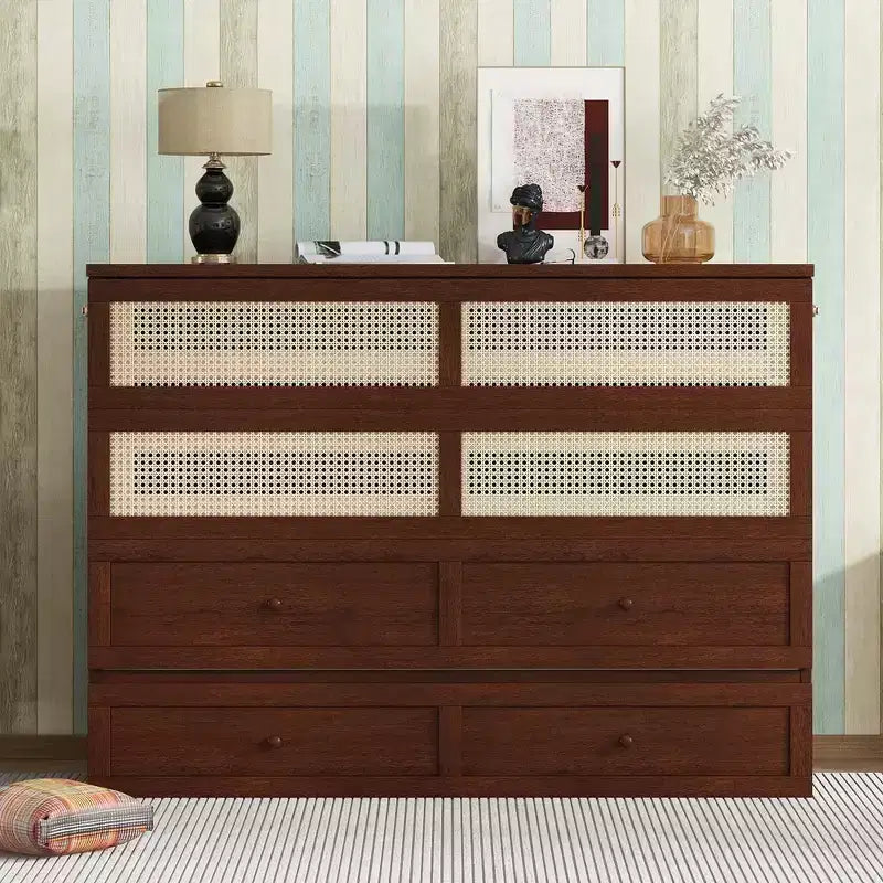 MAYEERTY Lit escamotable queen size, lit armoire en bois de pin avec décoration en rotin et tiroir de rangement Noyer