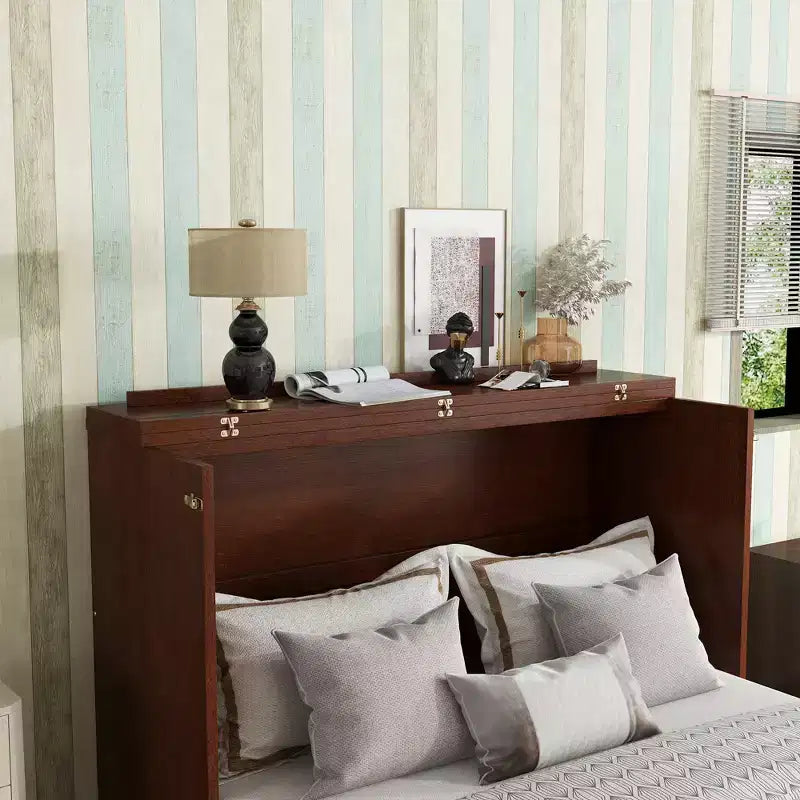 MAYEERTY Lit escamotable queen size, lit armoire en bois de pin avec décoration en rotin et tiroir de rangement Noyer