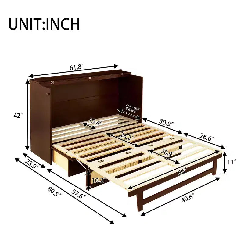 MAYEERTY Lit escamotable queen size, lit armoire en bois de pin avec décoration en rotin et tiroir de rangement Noyer