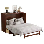 MAYEERTY Lit escamotable queen size, lit armoire en bois de pin avec décoration en rotin et tiroir de rangement Noyer