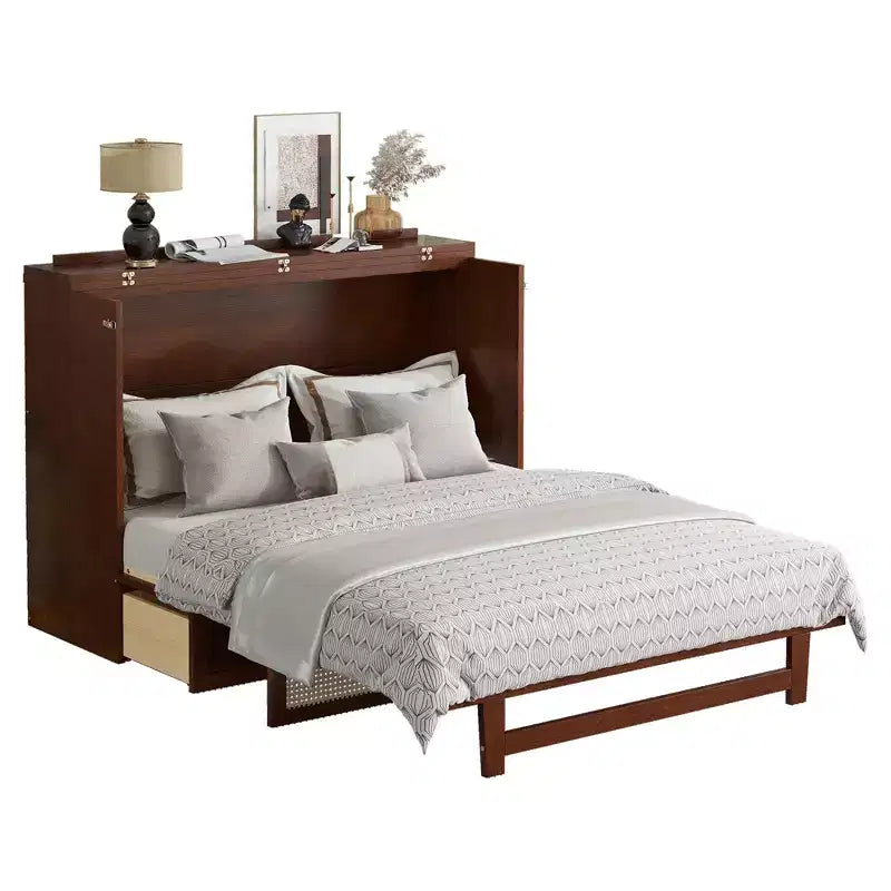 MAYEERTY Lit escamotable queen size, lit armoire en bois de pin avec décoration en rotin et tiroir de rangement Noyer