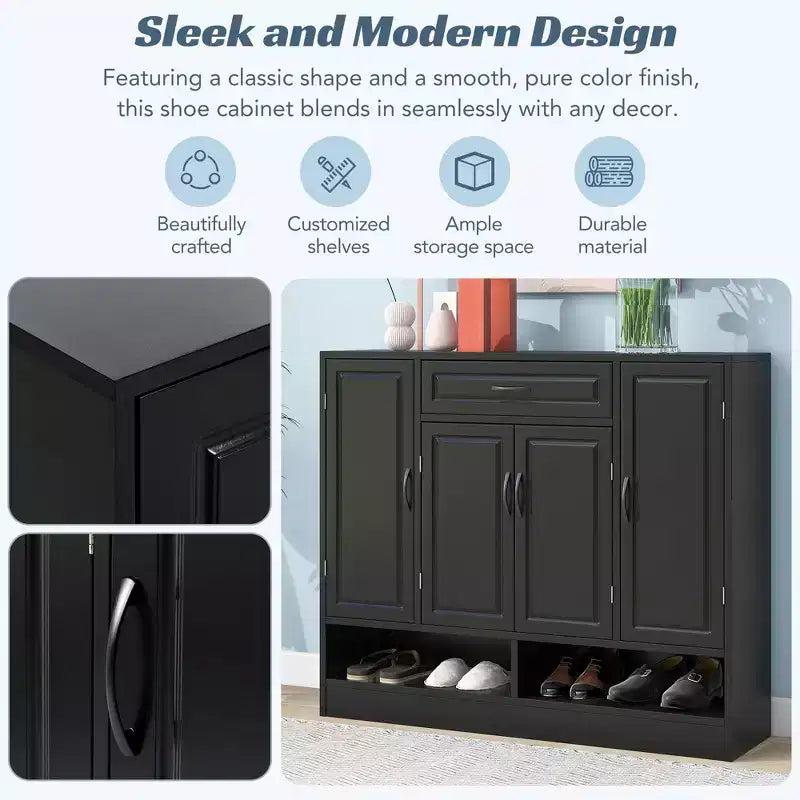 Meuble à chaussures autoportant moderne Okak avec étagères réglables/tiroirs basculants, porte-chaussures minimaliste pour couloirs et entrées