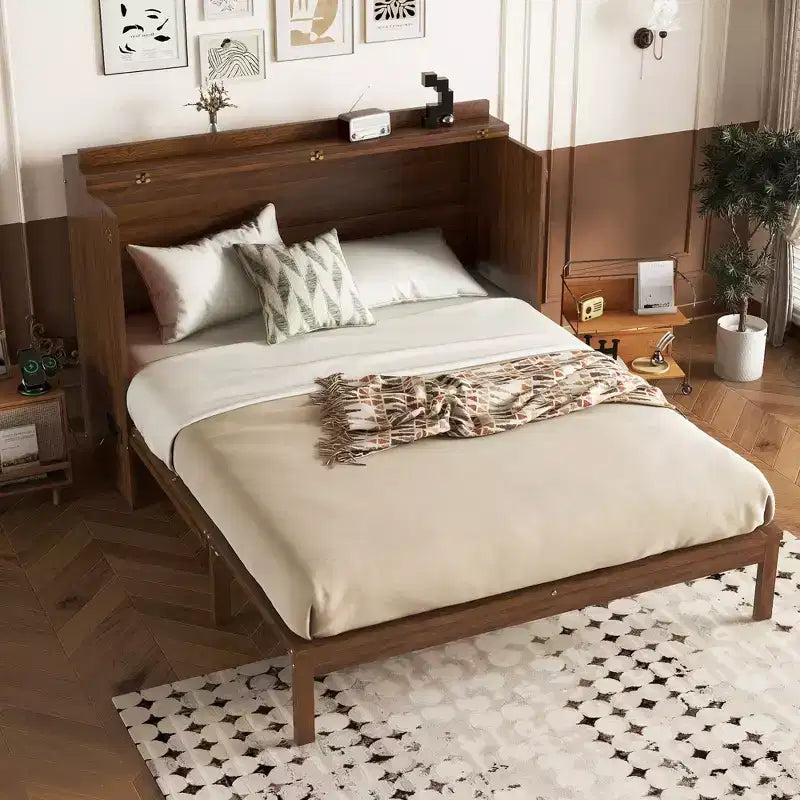 Lit escamotable Queen Size MAYEERTY avec station d'alimentation et panneau de décoration en rotin, en pin massif, couleur noyer, pour chambre à coucher