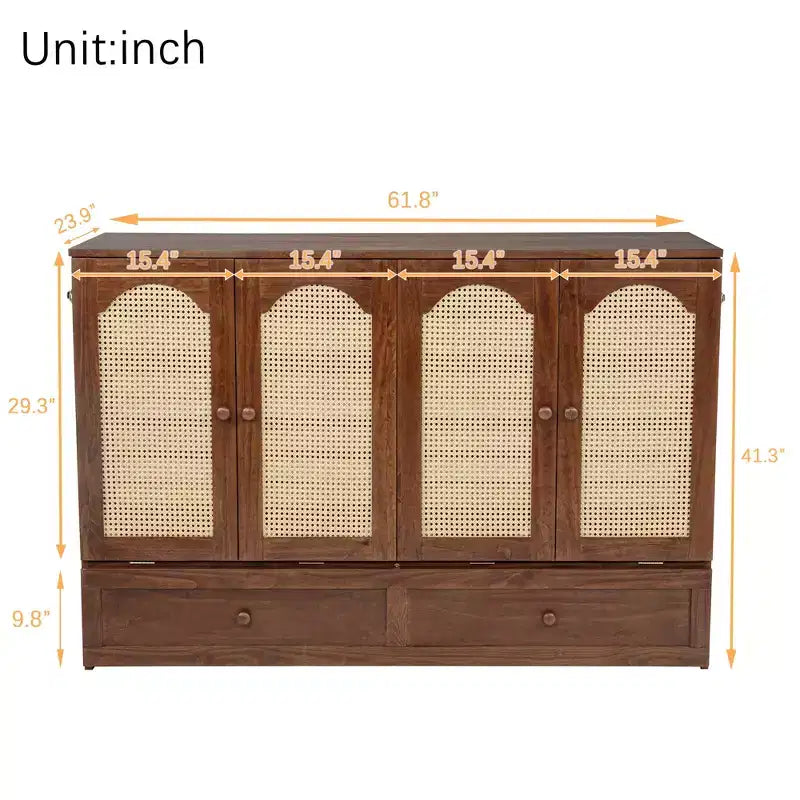 Lit escamotable Queen Size MAYEERTY avec station d'alimentation et panneau de décoration en rotin, en pin massif, couleur noyer, pour chambre à coucher