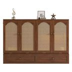 Lit escamotable Queen Size MAYEERTY avec station d'alimentation et panneau de décoration en rotin, en pin massif, couleur noyer, pour chambre à coucher