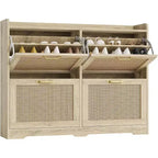 Freestanding Rattan Accent Ultra Slim Shoe Cabinet for Entryway - 4 Flip Drawers , Farmhouse Modern Rustic Shoe Rack for Hallway, Foyer, Living Room