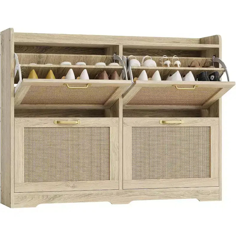 Freestanding Rattan Accent Ultra Slim Shoe Cabinet for Entryway - 4 Flip Drawers , Farmhouse Modern Rustic Shoe Rack for Hallway, Foyer, Living Room