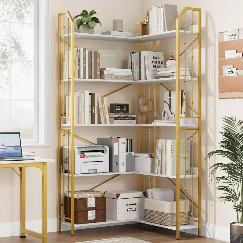 GustoWave Étagère d'angle à 5 niveaux 72 cm de haut, bibliothèque en L, étagère de rangement avec cadre en métal