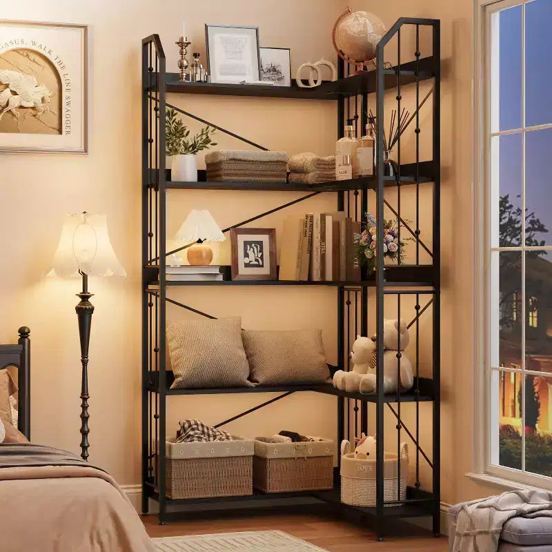 GustoWave Étagère d'angle à 5 niveaux 72 cm de haut, bibliothèque en L, étagère de rangement avec cadre en métal