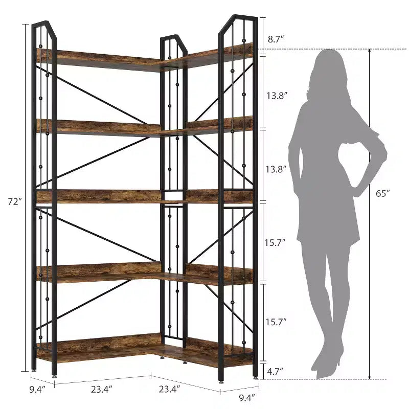 GustoWave Étagère d'angle à 5 niveaux 72 cm de haut, bibliothèque en L, étagère de rangement avec cadre en métal