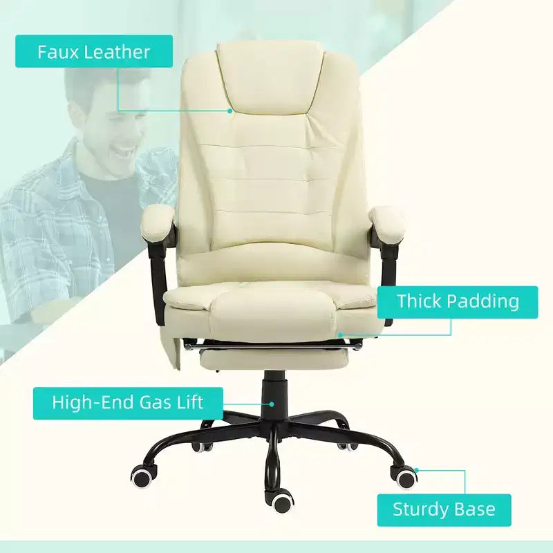 Fauteuil de bureau massant 7 points avec dossier haut, support lombaire et repose-pieds