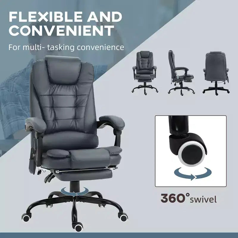 Fauteuil de bureau massant 7 points avec dossier haut, support lombaire et repose-pieds