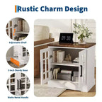 Table de chevet moderne en MDF blanc avec station de charge, porte en verre réglable et rangement | Table de chevet compacte et fonctionnelle pour chambre à coucher