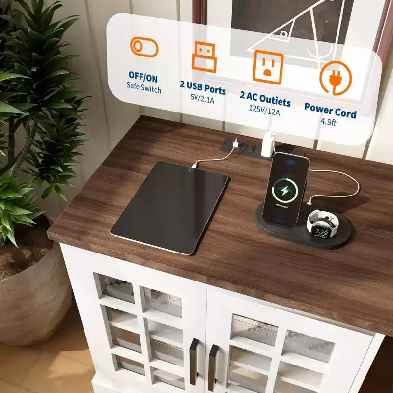 Table de chevet moderne en MDF blanc avec station de charge, porte en verre réglable et rangement | Table de chevet compacte et fonctionnelle pour chambre à coucher