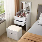 Coiffeuse 3-en-1 Okak avec miroir rabattable, coiffeuse compacte avec plateau en verre visible et tabouret rembourré, coiffeuse pour chambre à coucher