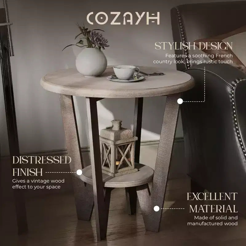 COZAYH Table d'appoint rustique en bois de ferme et étagère de rangement, gris vintage, lot de 2