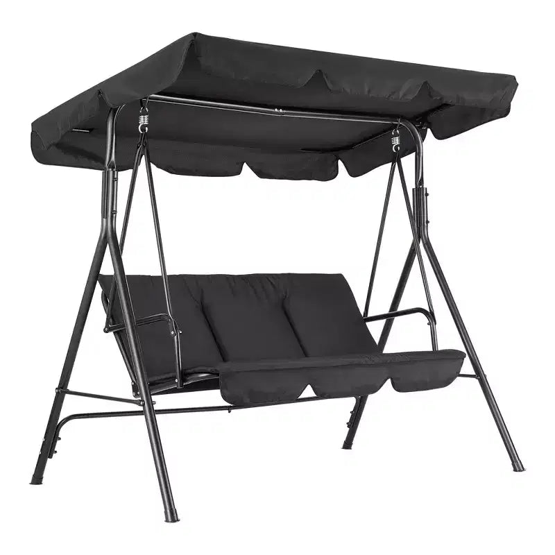 COZONY Balancelle de patio 3 places noire – Auvent et accoudoirs réglables, banc suspendu en tissu textilène respirant pour jardin, piscine, cour arrière