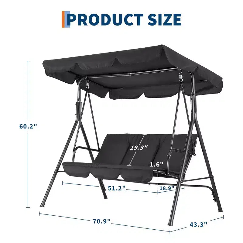 COZONY Balancelle de patio 3 places noire – Auvent et accoudoirs réglables, banc suspendu en tissu textilène respirant pour jardin, piscine, cour arrière