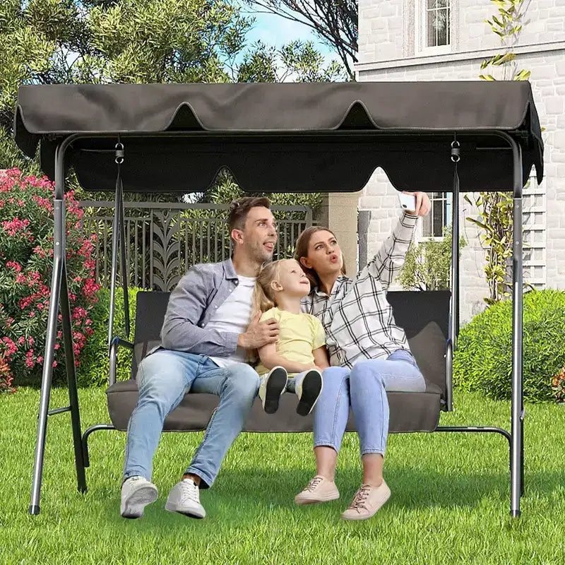 COZONY Balancelle de patio 3 places noire – Auvent et accoudoirs réglables, banc suspendu en tissu textilène respirant pour jardin, piscine, cour arrière