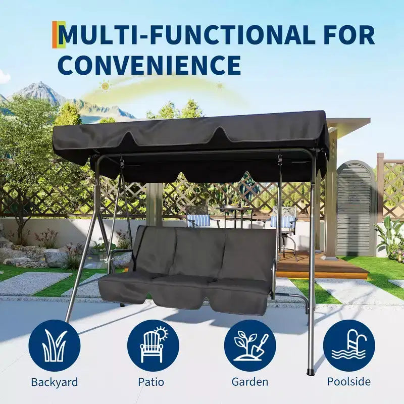 COZONY Balancelle de patio 3 places noire – Auvent et accoudoirs réglables, banc suspendu en tissu textilène respirant pour jardin, piscine, cour arrière