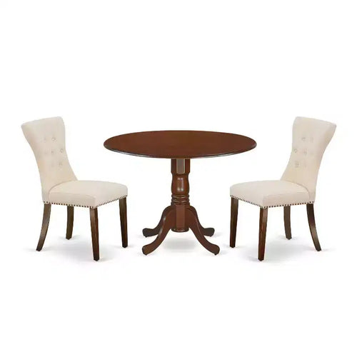 3-Piece Mahogany Finish Solid Wood Top - Round Dining Room Set - Seats 4
