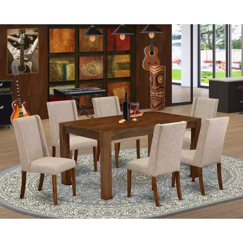 Table à manger HomeStock 7 pièces rectangulaire en bois massif finition chêne naturel avec 6 chaises Parson