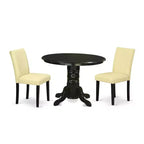 Round Dining Table Set 3pc 42 Inch Table w/ 2 Parsons Chairs - Eggnog PU Leather & Black Legs