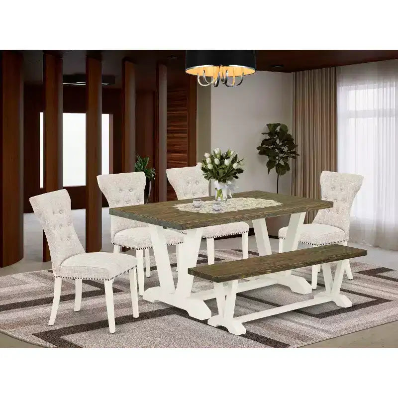 HomeStock Table à manger 6 pièces rectangulaire en bois massif finition jacobine vieillie avec 1 banc et 4 chaises