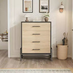 Commode Acekool à 4 tiroirs, rangement de 98 cm, commode moderne en bois pour chambre à coucher, salon, entrée, chêne naturel + noir