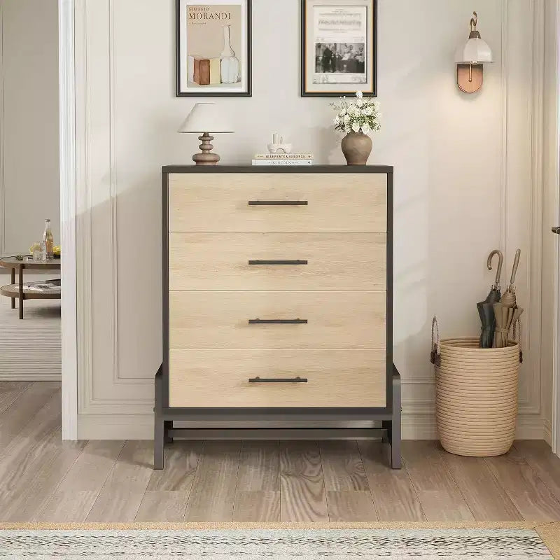 Commode Acekool à 4 tiroirs, rangement de 98 cm, commode moderne en bois pour chambre à coucher, salon, entrée, chêne naturel + noir