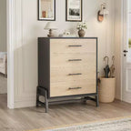 Commode Acekool à 4 tiroirs, rangement de 98 cm, commode moderne en bois pour chambre à coucher, salon, entrée, chêne naturel + noir