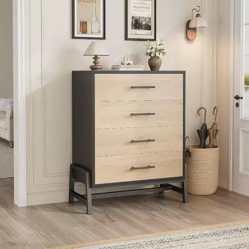 Commode Acekool à 4 tiroirs, rangement de 98 cm, commode moderne en bois pour chambre à coucher, salon, entrée, chêne naturel + noir