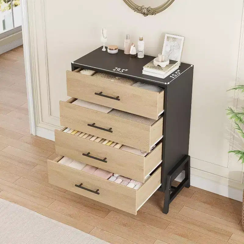 Commode Acekool à 4 tiroirs, rangement de 98 cm, commode moderne en bois pour chambre à coucher, salon, entrée, chêne naturel + noir