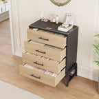 Commode Acekool à 4 tiroirs, rangement de 98 cm, commode moderne en bois pour chambre à coucher, salon, entrée, chêne naturel + noir