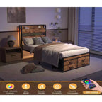 Lit plateforme simple avec tête de lit de rangement, 4 tiroirs sous le lit, lumière LED et station de charge pour une solution de chambre intelligente
