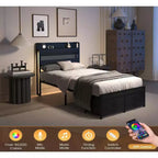 Lit plateforme simple avec tête de lit de rangement, 4 tiroirs sous le lit, lumière LED et station de charge pour une solution de chambre intelligente