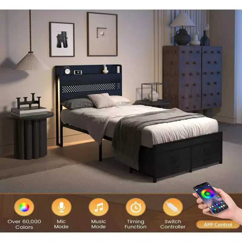 Lit plateforme simple avec tête de lit de rangement, 4 tiroirs sous le lit, lumière LED et station de charge pour une solution de chambre intelligente