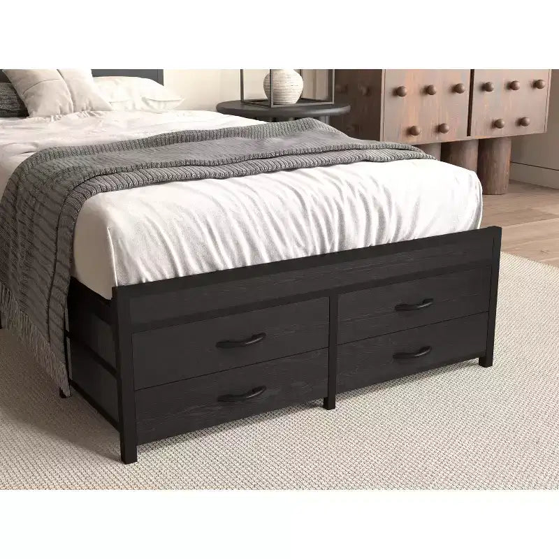 Lit plateforme simple avec tête de lit de rangement, 4 tiroirs sous le lit, lumière LED et station de charge pour une solution de chambre intelligente