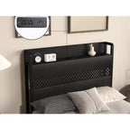 Lit plateforme simple avec tête de lit de rangement, 4 tiroirs sous le lit, lumière LED et station de charge pour une solution de chambre intelligente